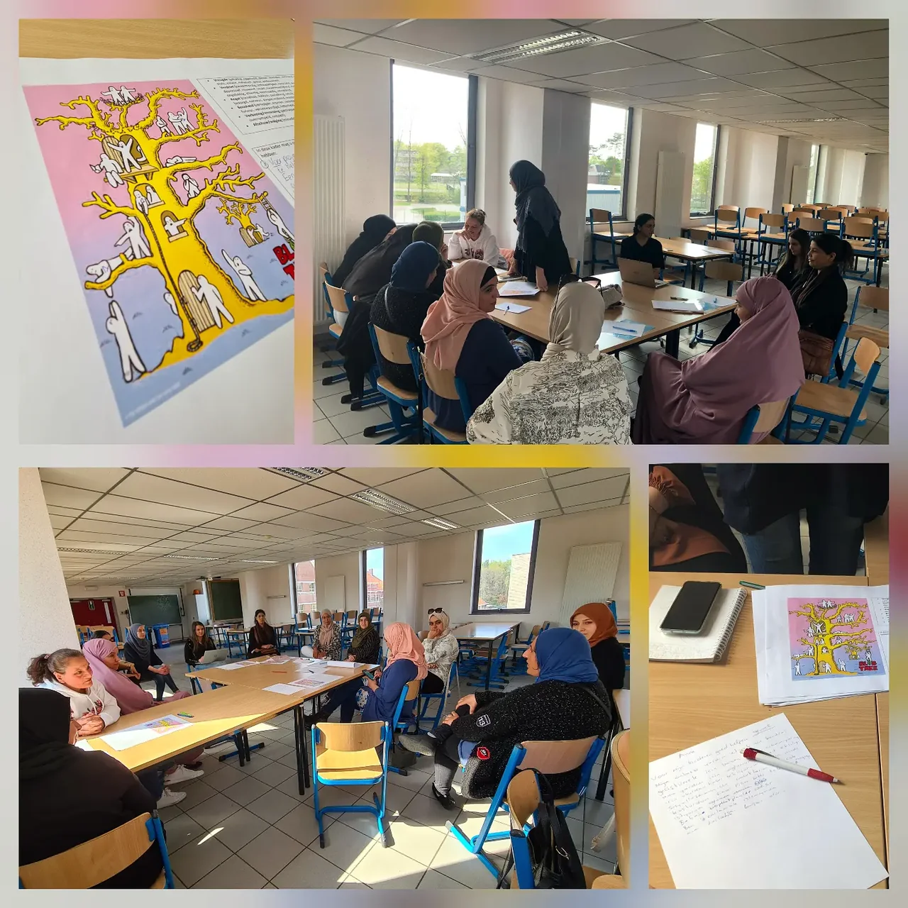 Collage van volwassenen die in groepen aan tafels met elkaar praten.